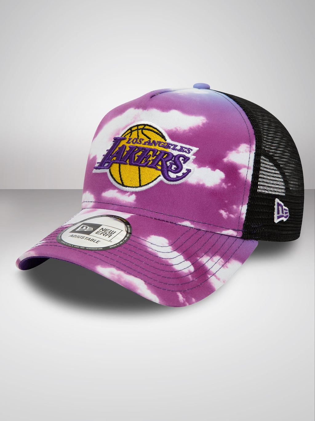 Los Angeles Lakers Cloud All Over Print Purple A-Frame Trucker Cap